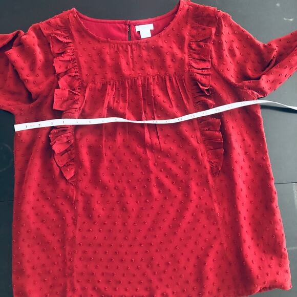 J. Crew Factory Women's 4 Swiss Dot Ruffle Front Top Burgundy Blouse Career - Picture 4 of 8